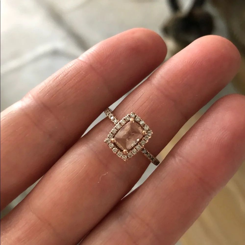 14k rose gold, diamond and emerald cut peach sapphire engagement ring - Picture 7 of 16